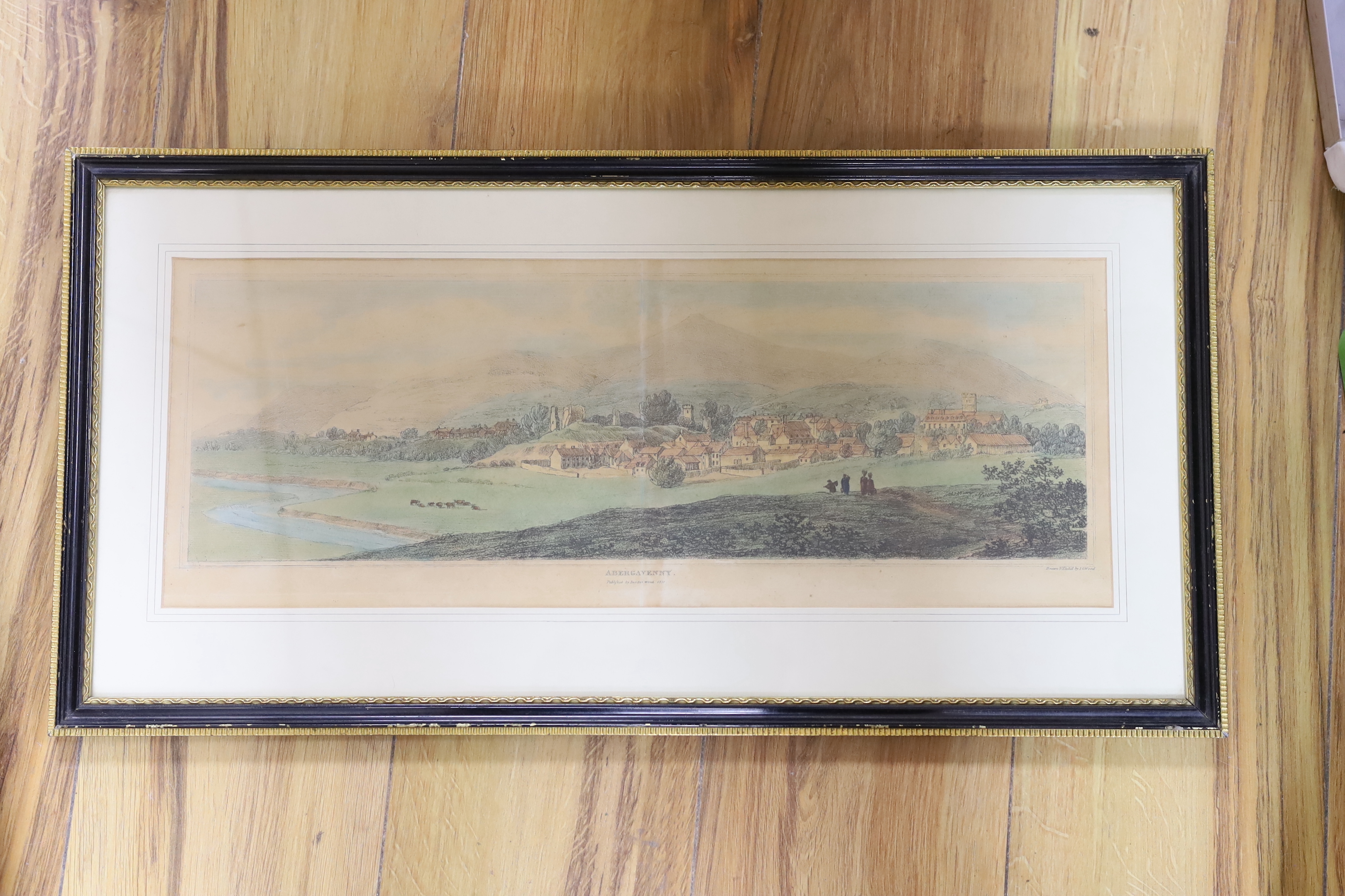 A collection of 19th century engravings / prints including one after Godfrey Kneller, The Lord Euston, Panoramic view of Abergavenny, publ. 1811 and a pair after Thomas Rowlandson including a pair of satyrical coloured e